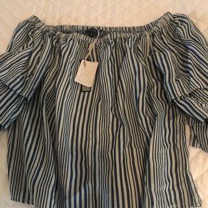 Off the shoulder, blue striped tencel blouse